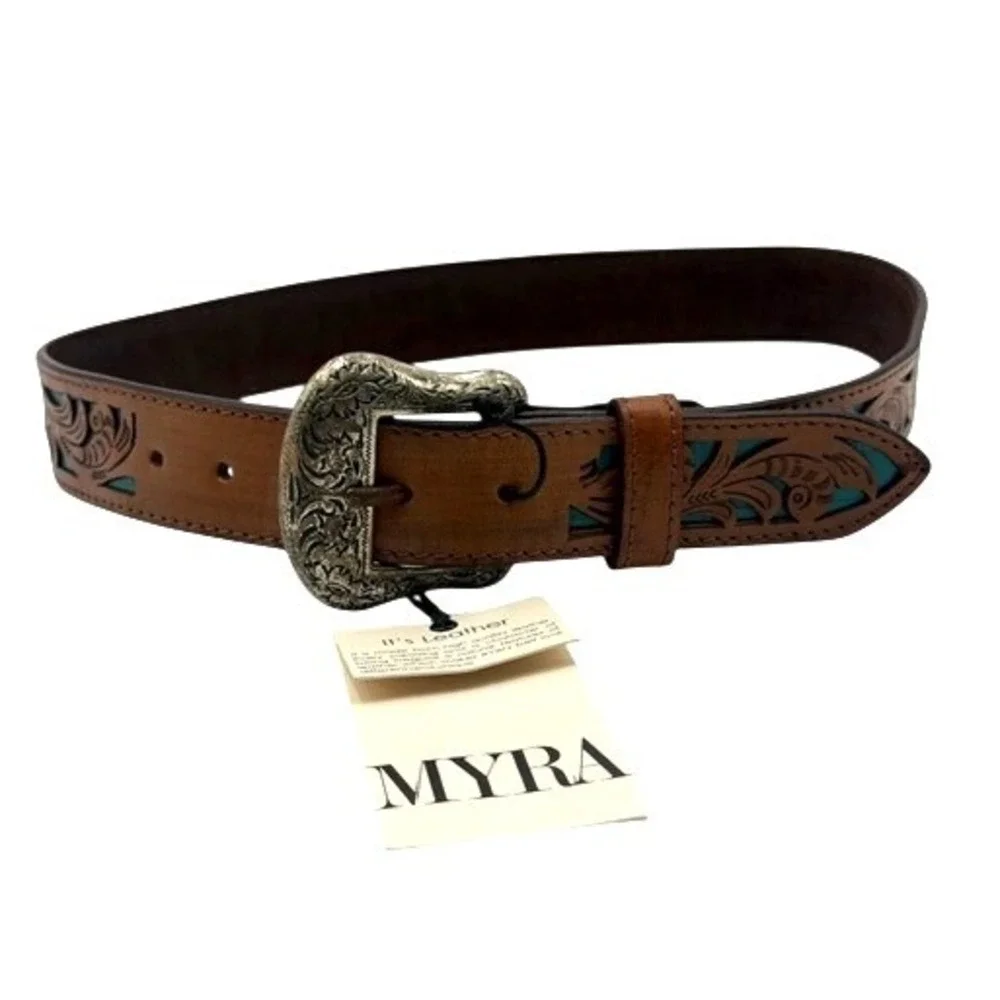 Myra Astute S-4056 Brown Leather Turquoise Floral Cutout‎ Western Belt Small NEW